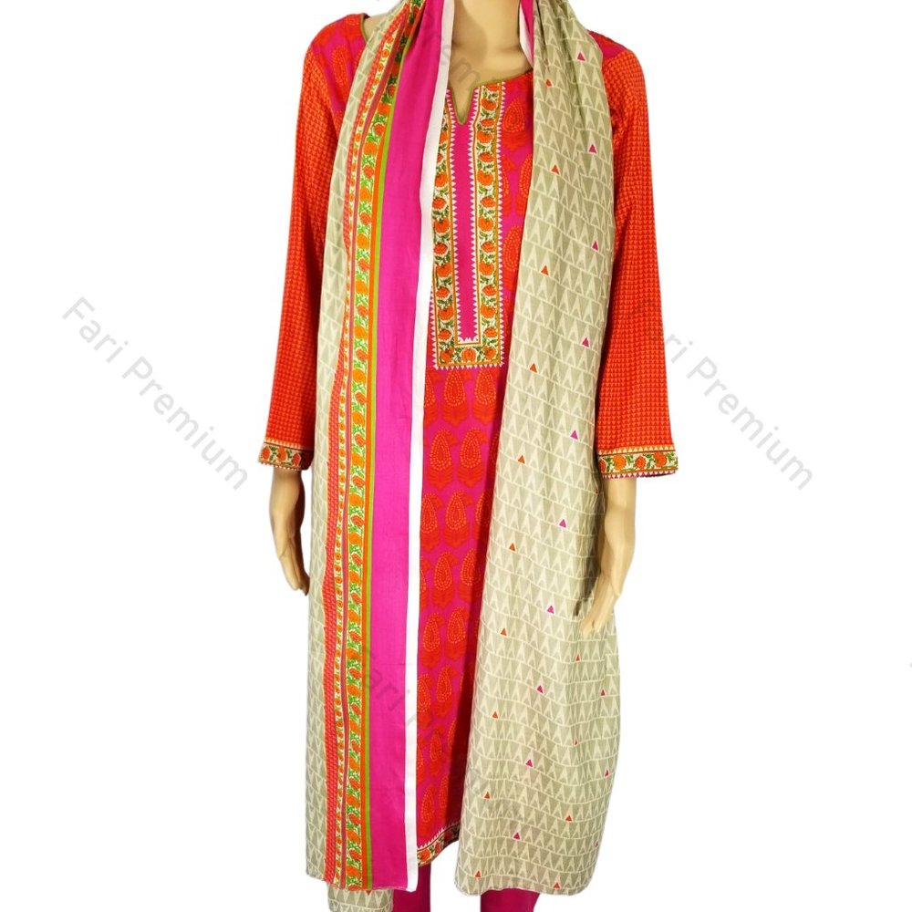 Rangreza 3-PC Printed Cotton Ready-Made Shalwar Kameez Pakistani/Indian Small 38